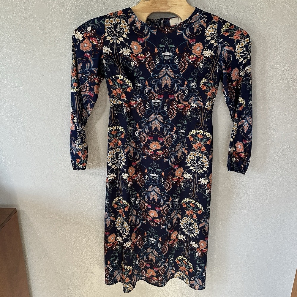 I. Madeline Dress Size Medium Navy Blue Garden Splendor Print Floral Long Sleeve